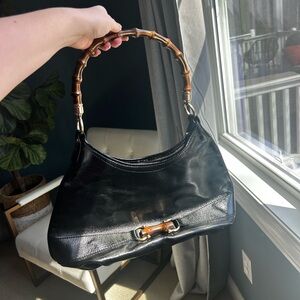 Talbots Black Leather Shoulder Bag with Bamboo Handle